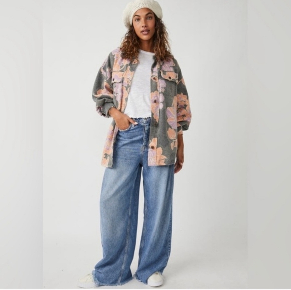 Free People Ruby Floral Grey and Peach Shacket, Size Large